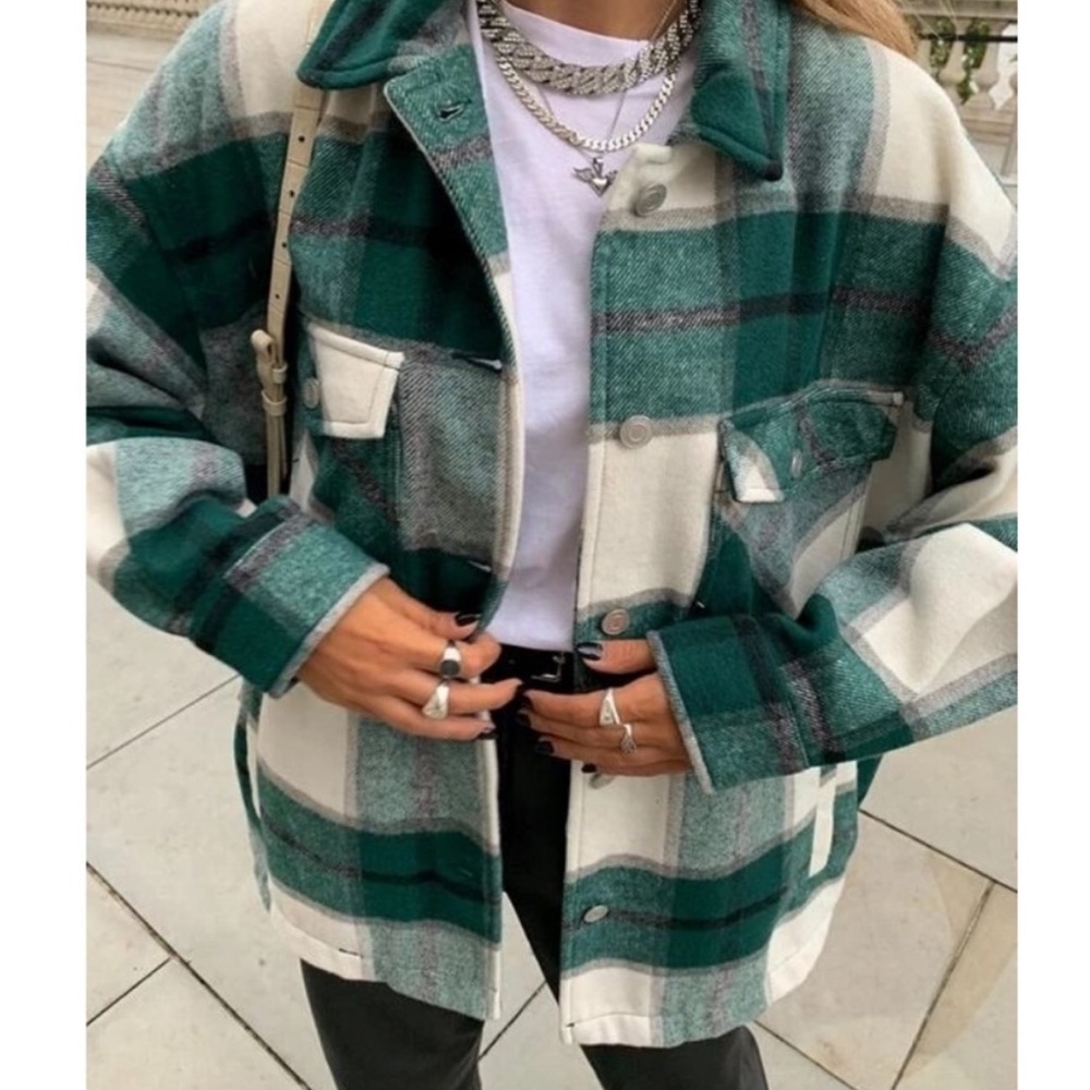 Plaid Stripe Oversized Flannel Shirt Shacket green - Picture 6 of 16
